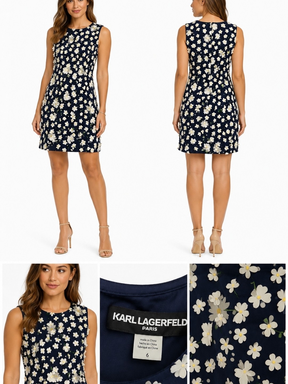 Karl Lagerfeld Navy with Ivory Daisy Print Sleeveless Mini Dress